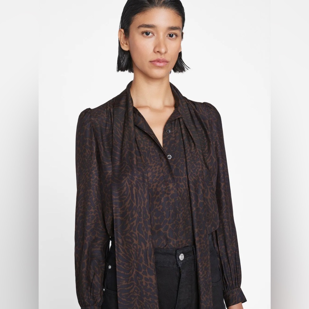 FRAME Femme Tie Neck Blouse- in Espresso Multi - Picture 1 of 9